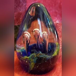 Beautiful SDS SEAPOOT Art Glass Paperweight Aqua Blue with White Inner Bubbles
